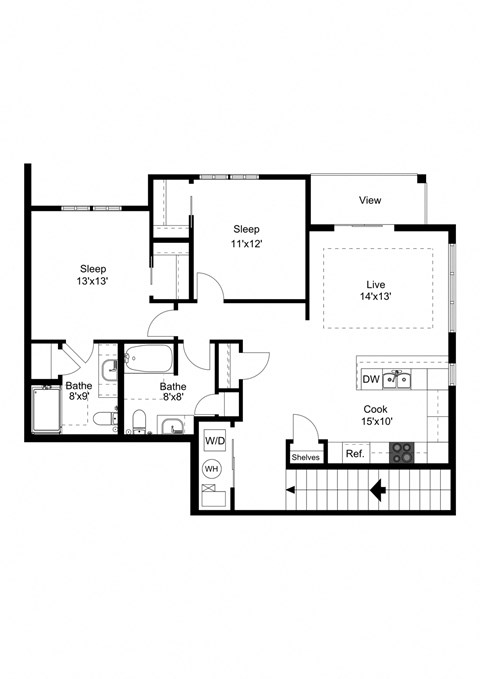 Floor plan for 2 beds, 2 baths, 1238 sqft